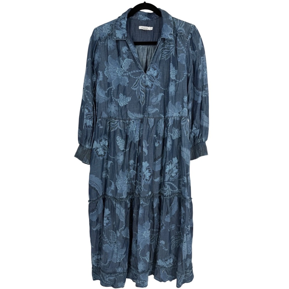 NWT Chicos Frayed Tunic Midi Dress Floral Paisley Pattern Denim Tiered Size 8